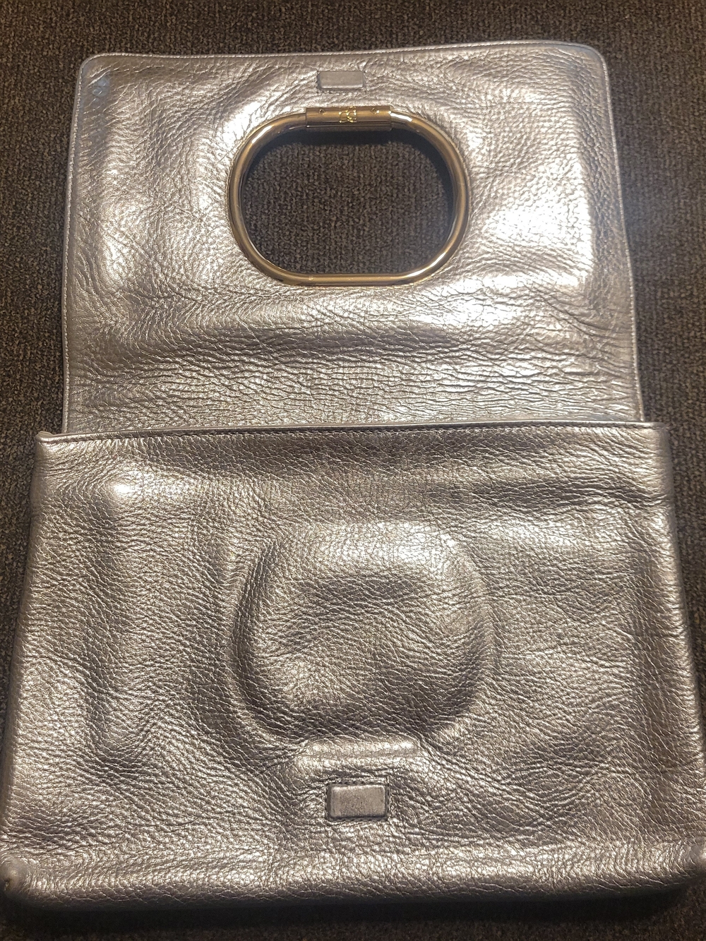 BCBGMaxAzria Metallic Silver Leather Clutch with Gold Ring Detail - Picture 2 of 5